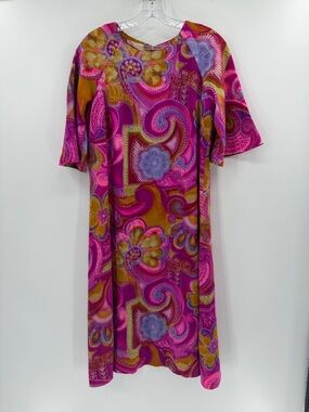 Royal Hawaiian Vintage Bold Colorful Flare Sleeve Dress - Pink/Purple - S/M